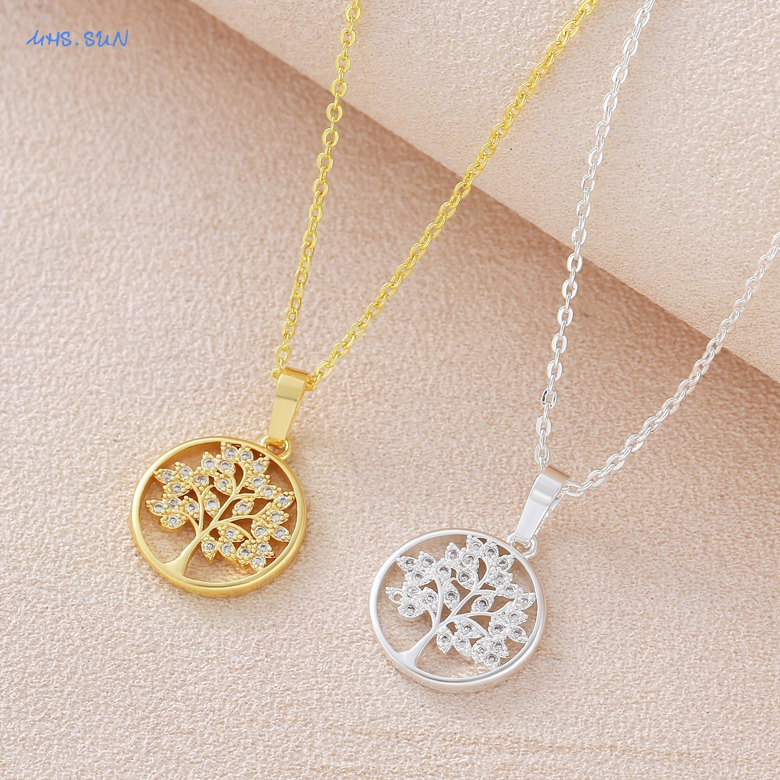 MHS.SUN Hollow Out Cubic Zircon Tree of Life Pendant Necklaces Classic Round Gold Plated Chain Party Jewelry For Women Men