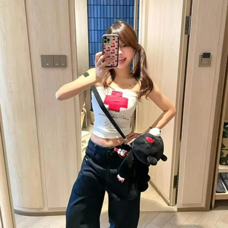 إمرأة مثير فتاة ساخنة حمالة سترة الأمريكية الرجعية ثقافة فرعية إلكتروني طباعة الدبابات Harajuku أنثى الشارع سليم شيك سترة البنطال القصير