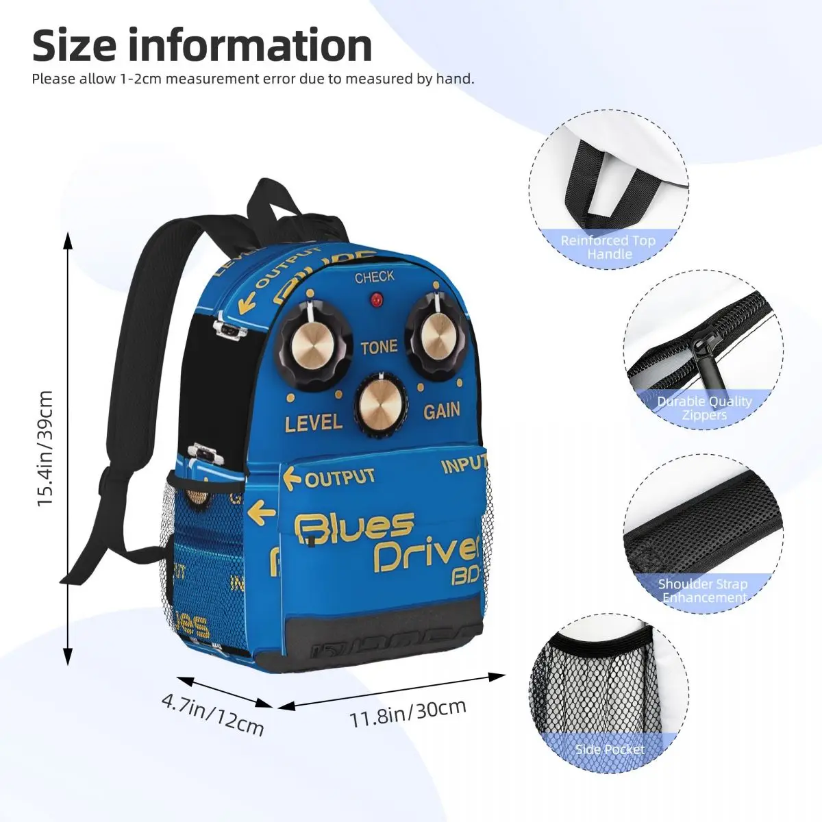 Boss Blues Driver BD-2 Overdrive Bluesbreaker Guitar Pedal Dirty Backpack Student BookBag Computer Shoulder Bags for Men Women