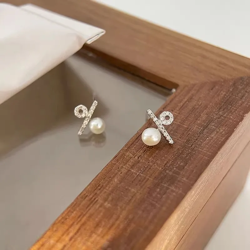 925 Sterling Silver Jewelry Women Fashion Percent Sign Pearl Stud Earrings Gift for Girls and Lady