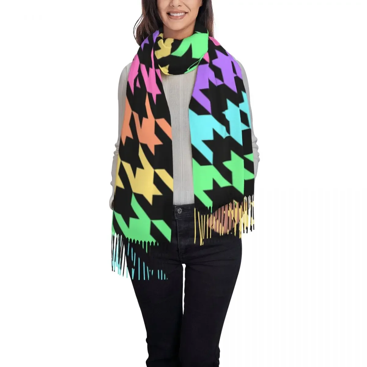 Pastel Rainbow Houndstooth Scarf Wrap for Women Long Winter Warm Tassel Shawl Unisex Classic Dogstooth Scarves