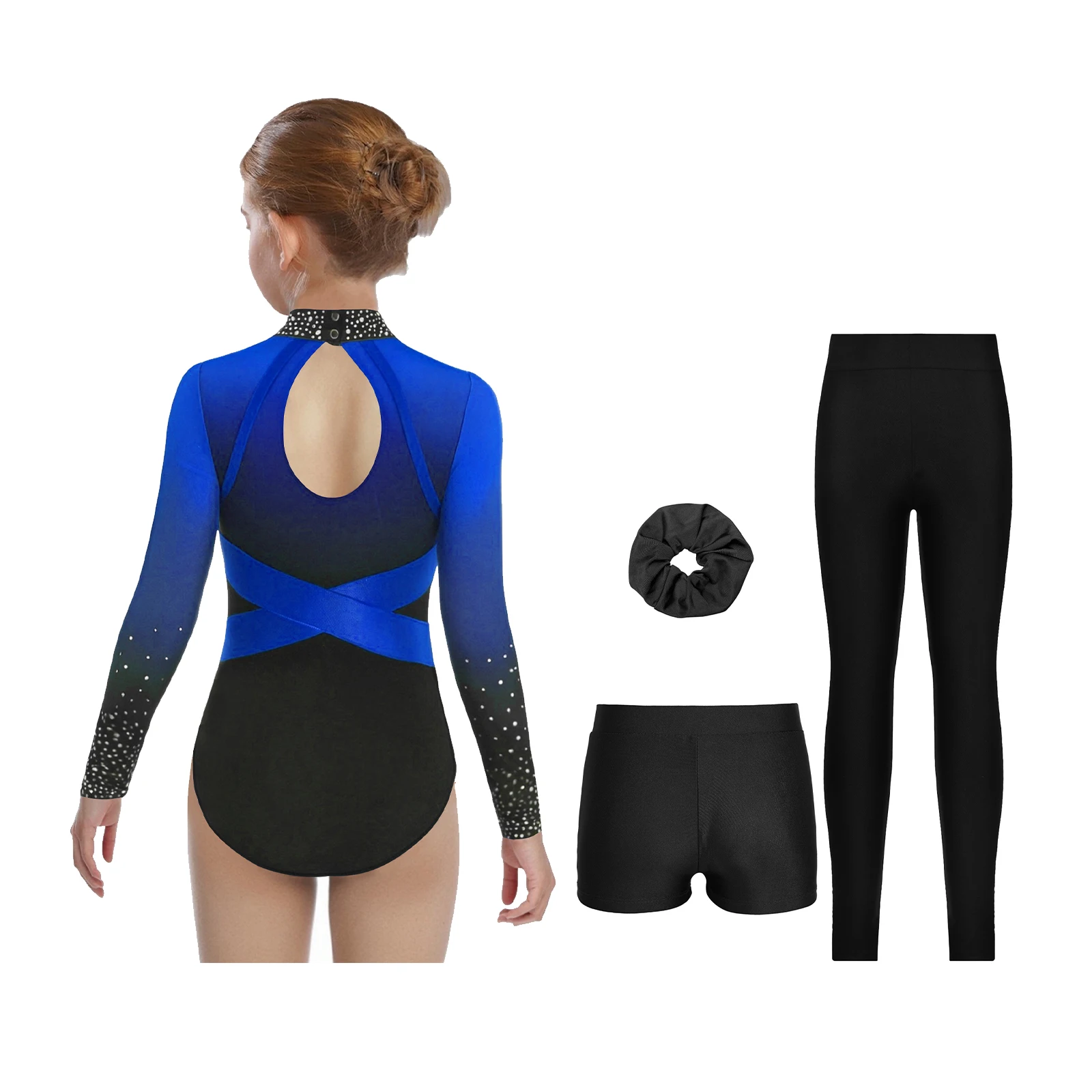 Kinder Mädchen Farbblock-Ballett-Tanz-Outfits, glänzender Strass-Trikot mit V-Bund vorne, Shorts, Leggings, Kopfbedeckung