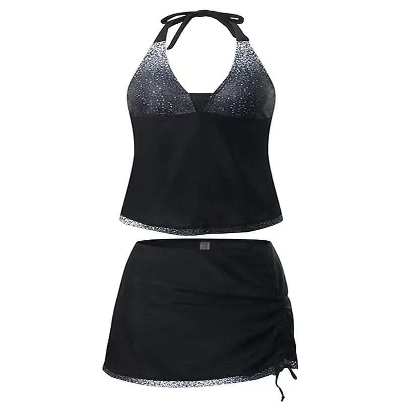 Plus Size Feather Halter V Neck Women Tankini Swimsuit 2025 Swimwear Tummy Control Bathing Suit Mujer Beach Skirt Swimdress 3XL