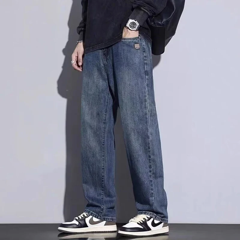 Spring Autumn American Retro Casual Trousers Men High Street Straight Leg Denim Pants Male Fashion Baggy Wash Jeans