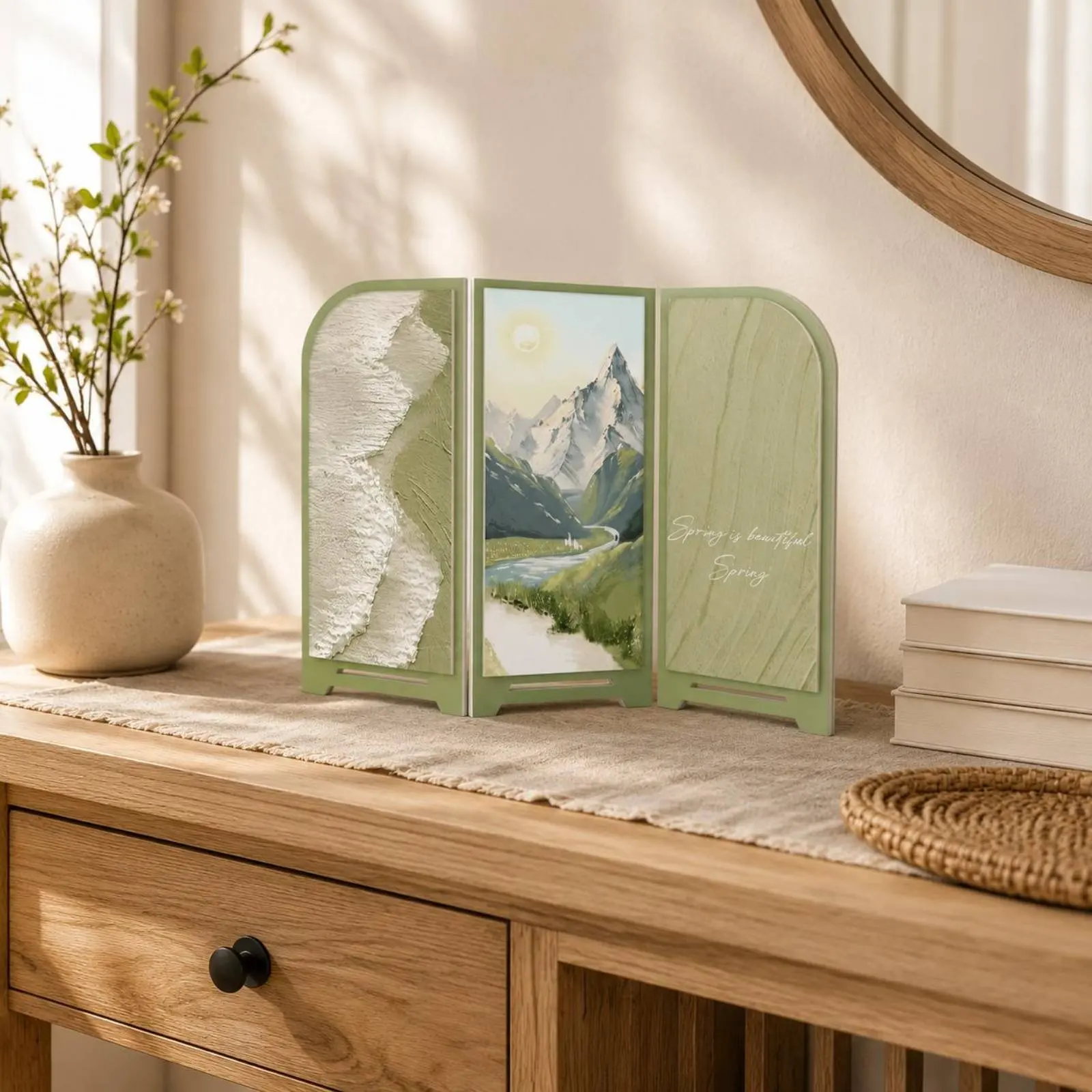 

Folding Landscape Screen Asian-Inspired Design Triptych Standing Panel Home Decor Compact Size for Tabletop