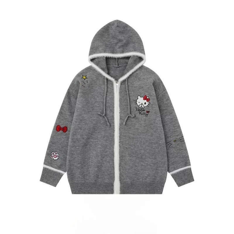

Модный милый простой пригородный кардиган с капюшоном Hello Kitty для девочек, осенне-зимний свободный свитер на молнии для колледжа