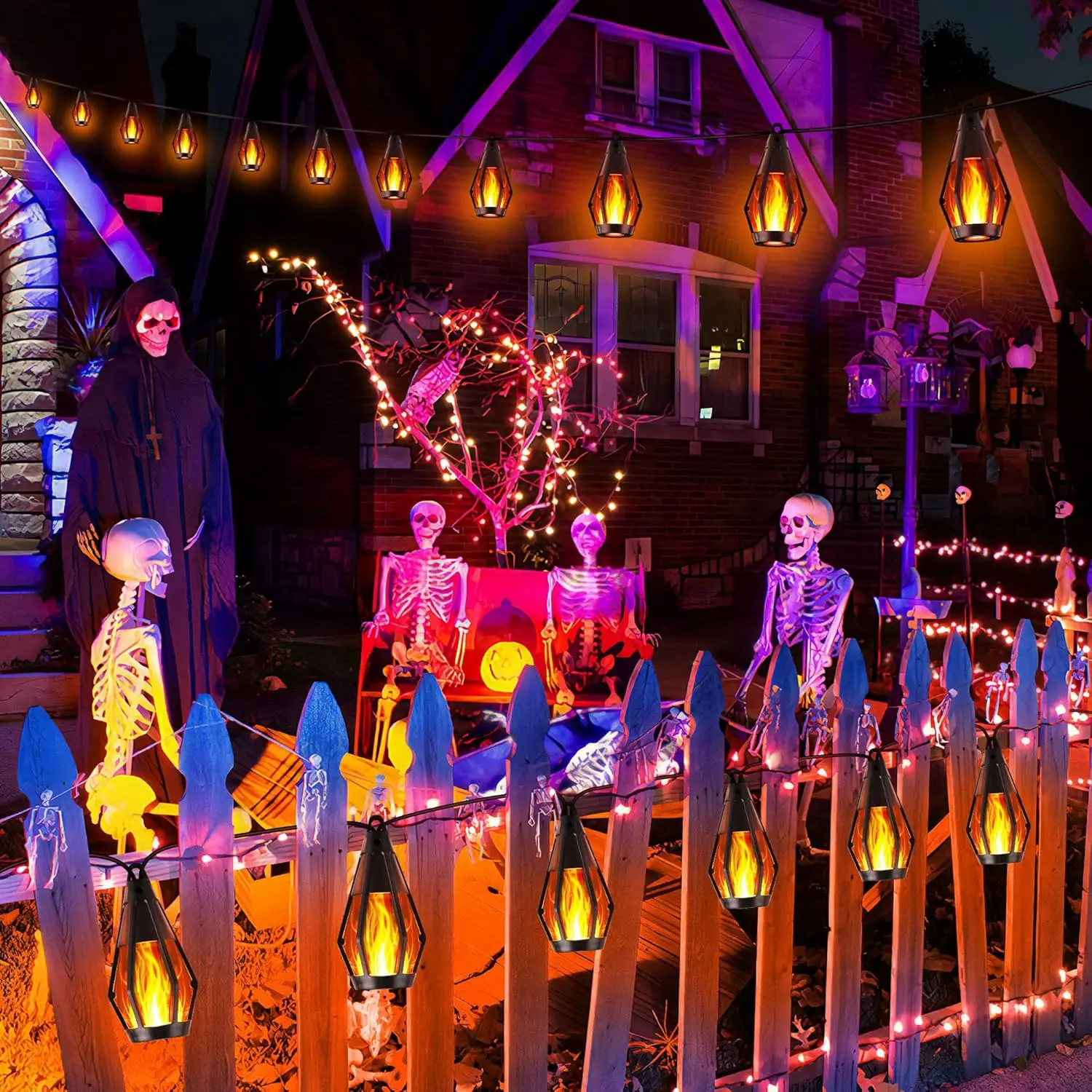 Luzes de corda Sun Flame - 15 luzes de corda solares externas LED para decoração de Halloween de jardim e pátio