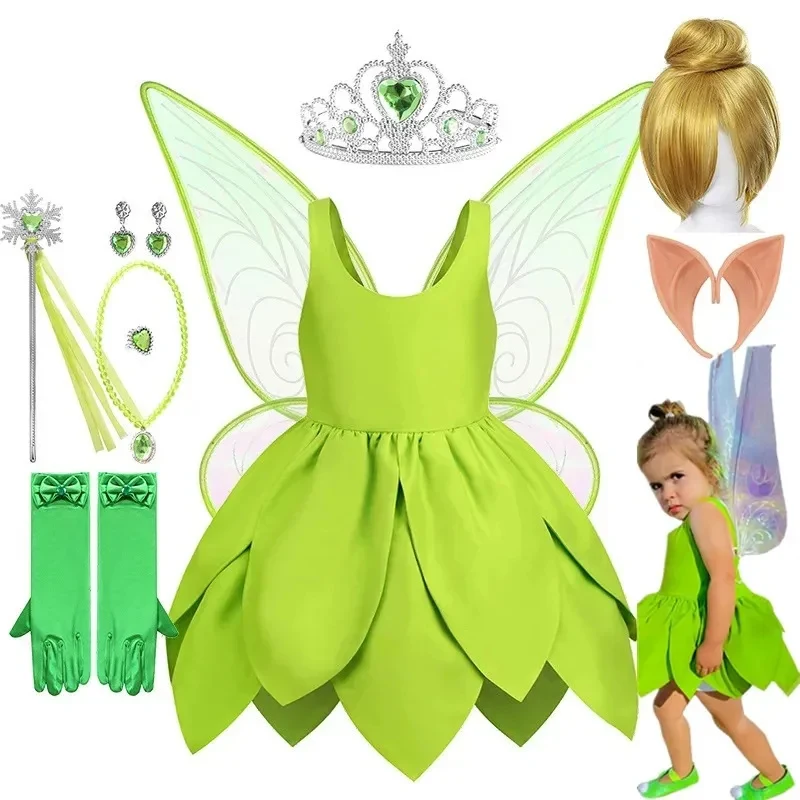 ♥ Disfraz de Hada Tinker Bell de Halloween para Bebé Niña, Disfraz de Elfo del Bosque de Fantasía, Vestido Verde con Lentejuelas para Niñas, Nuevo 2026