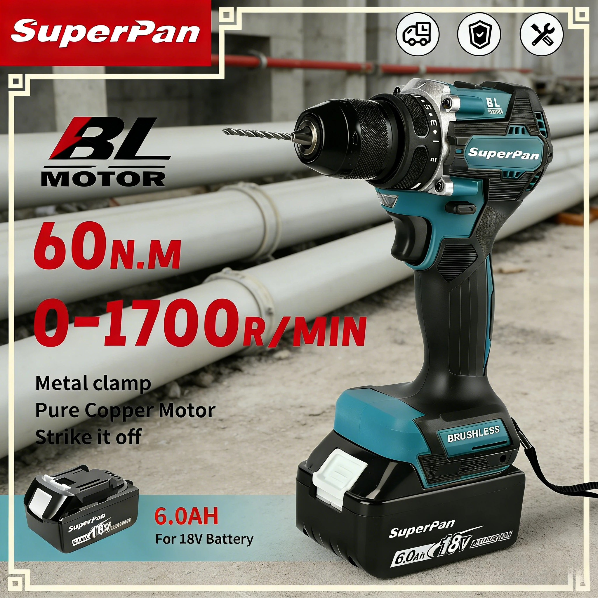 

Ударная дрель SuperPan SP487 с бесщеточным двигателем и системой отвода тепла для сверления бетона/плитки и домашнего использования, совместима с аккумулятором Makita 18В.