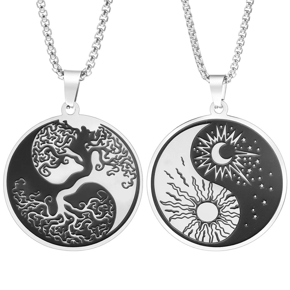 

Trendy 35mm Round Stainless Steel Retro For Women/Men Necklace Tree of Life Laser Etching Pattern Neutral Pendants Jewelry Gift