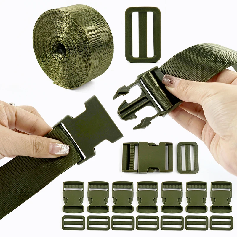 1-5 مجموعات Armygreen حزام Fastex مشبك 25/32/38 مللي متر حزام البلاستيك الجانب الإصدار أبازيم ثلاثي الإنزلاق ضبط Carabiners كليب للحقائب