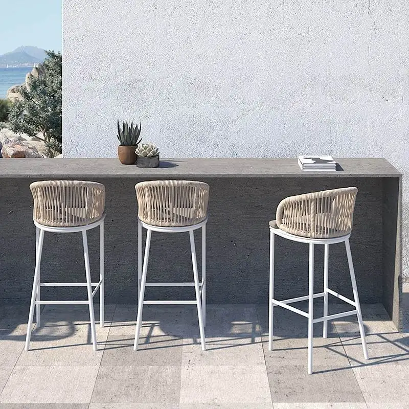 Outdoor bar chair Nordic rope bar chair aluminum alloy high chair white bar stool is modern and simple.