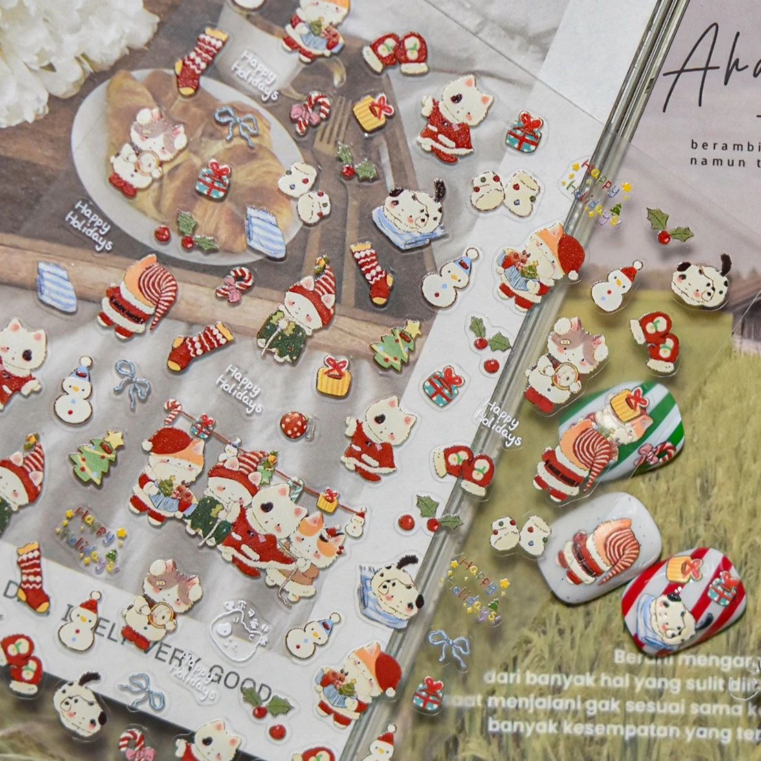 Winter Weihnachten Katze Schneemann Schneeflocke Socken Streifen Apfelstern Hipster Schleife Weihnachtsmann Kristallkugel Nail Art Aufkleber Aufkleber