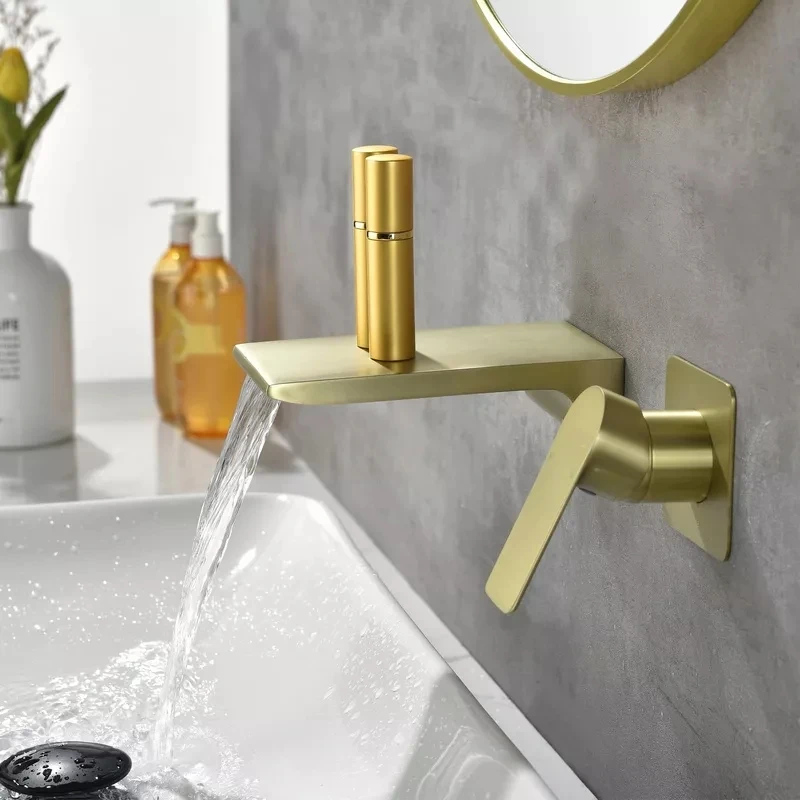 Brass One handle hot cold water mixer Tap Wall mount waterfall Bathroom sink faucet Top quality Copper Basin mixer Tap,Gold