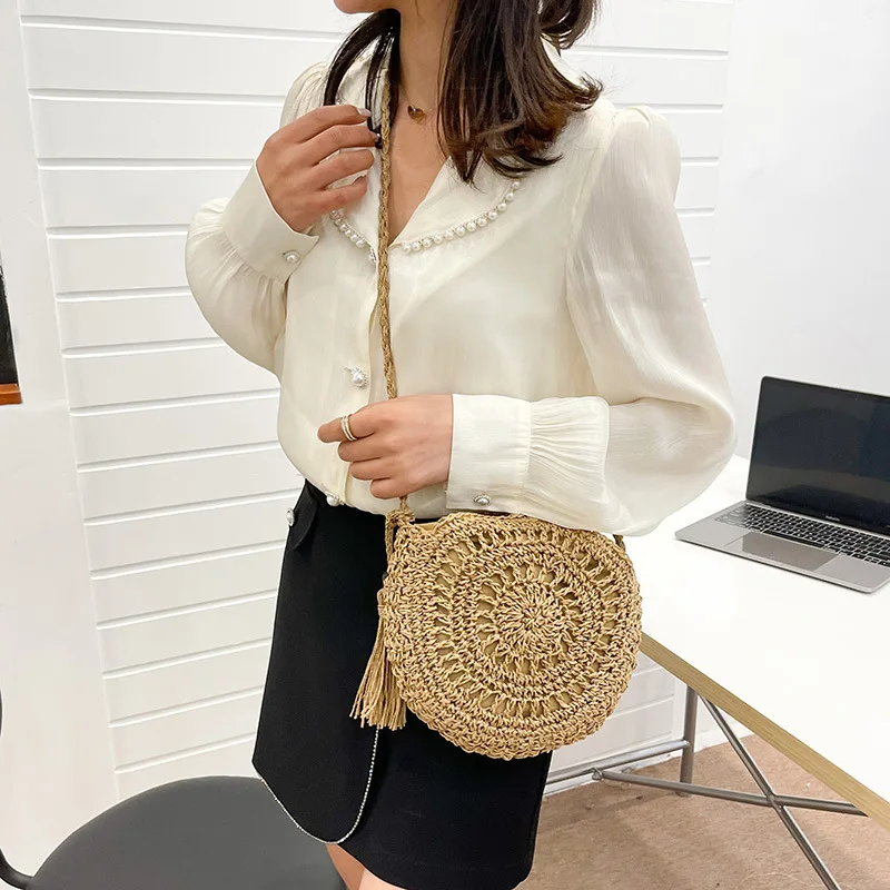 Rattan gewebte Frauen Stroh Umhängetasche kleine Clutch Geldbörse und Handtasche Sommer Strand tasche Frau Quaste Schulter Umhängetasche – Detail 6
