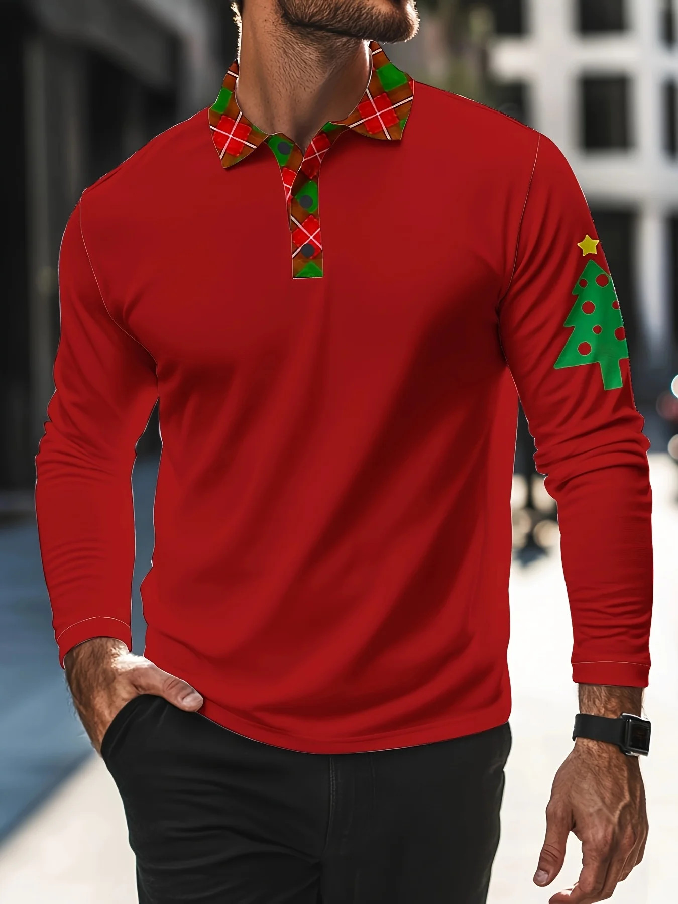

Christmas Tree Pattern Nen's Long Sleeved Polo Shirt 3D X'mas New Year Element Pullover Street Fashion Hip-hop Party Men Clothes