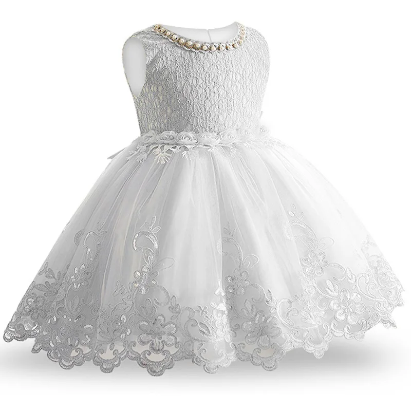 Infant Baby Flower Dress Toddler Girls Sleeveless Pearl Princess Pageant Birthday Lace Wedding Dress Children Formal Gown 6-24M