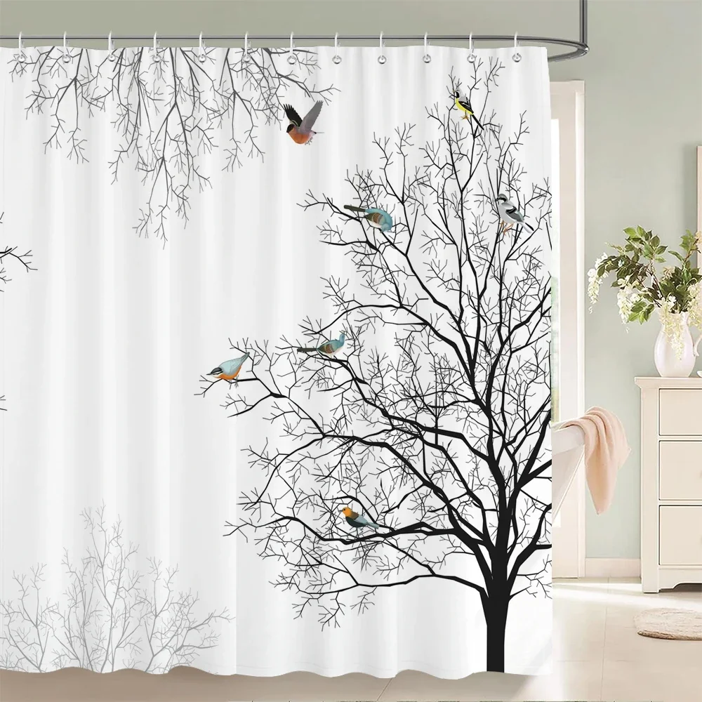 Minimalist Green Willow Branch Swallow Shower Curtain Simple Black Silhouette Bird Fresh Spring Nature Print White Background Wa