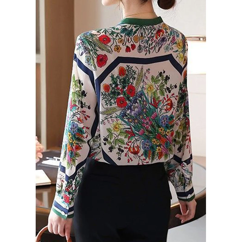 Women\'s Vintage Floral Print Stand Collar Button Shirt Spring Autumn Fashion Elegant Chiffon Blouse Long Sleeve Slim Tops Blusas