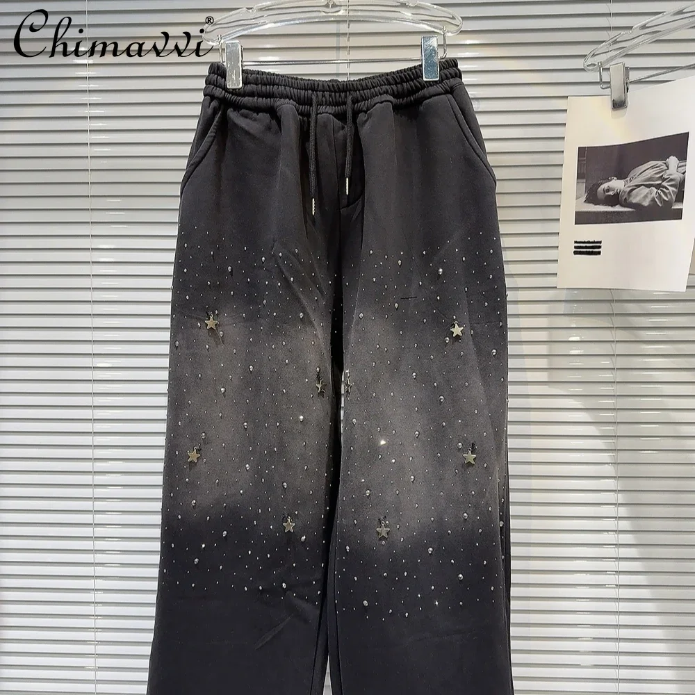 2024 Autumn New Fashion Starry Sky Rhinestone Beads Gradient Design Casual Pants High Waist Loose Straight Pants Women Versatile