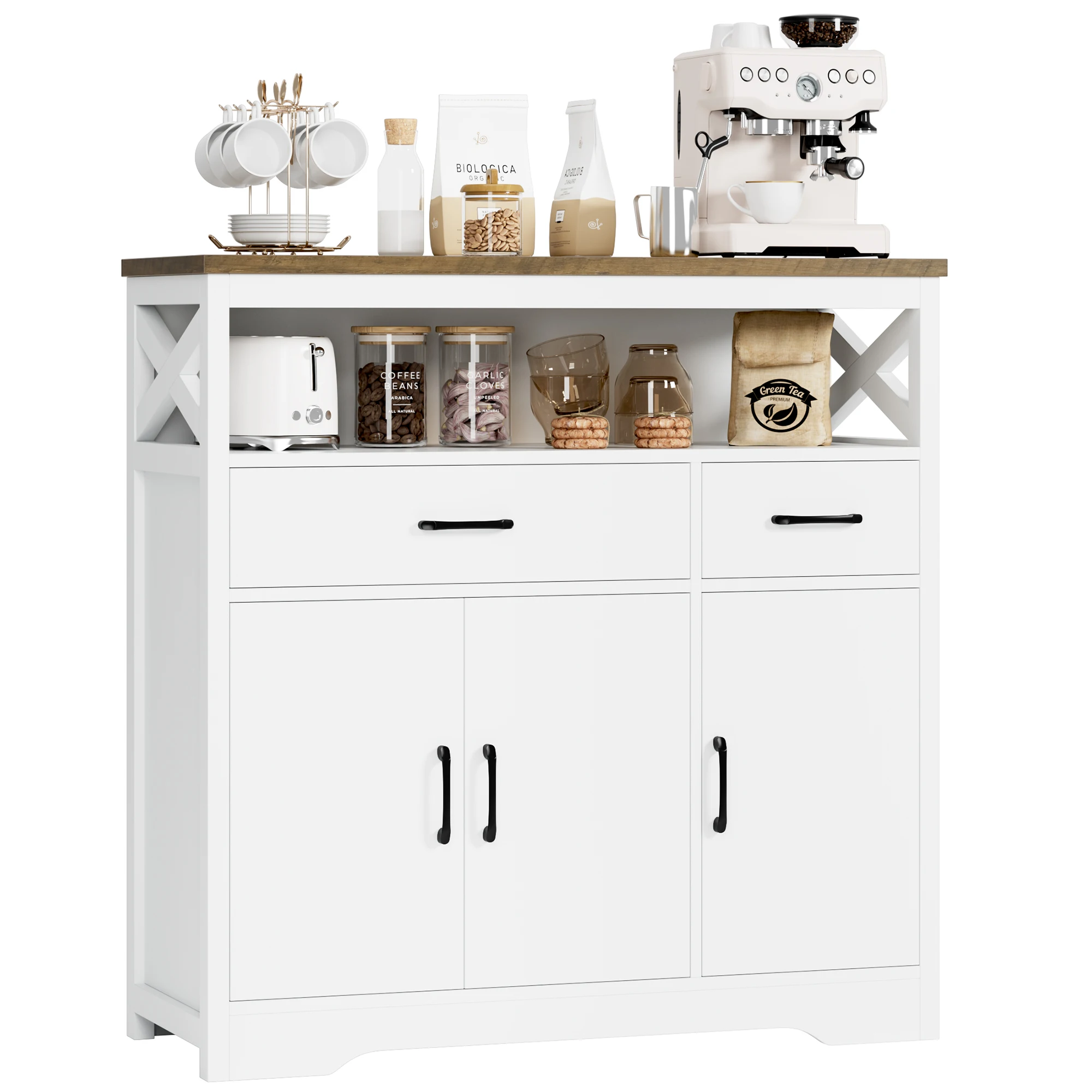 Sideboard, Küchenschrank mit 2 Schubladen und 3 Türen, Küchenkommode, Buffetschrank mit