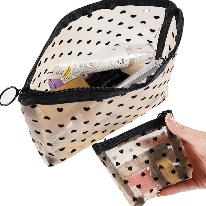 

Fashion Clear Mesh Cosmetic Bags for Travel Portable Wash Bag Simple Love Print Zipper Storage Handbag Organizer Manager Package