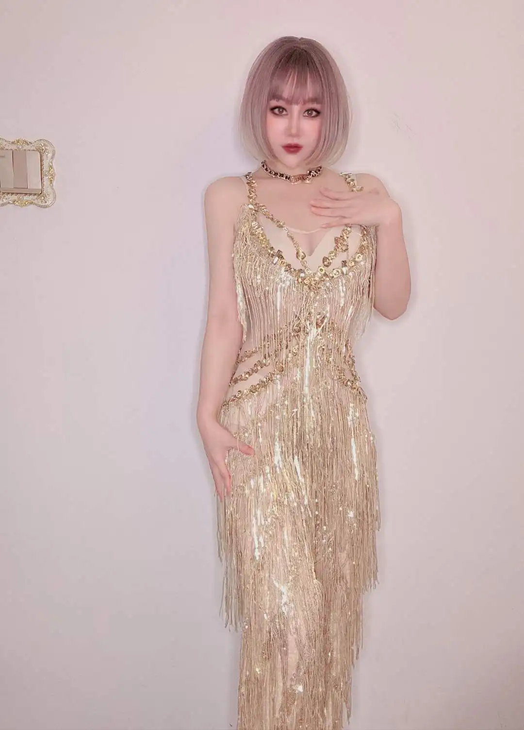 Fringe Gold Women Jumpsuits Glitter Birthday Fashion Show Performance Stage Party Club Festival Outfit Drag Queen Wear 2023