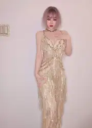 Fringe Gold Women Jumpsuits Glitter Birthday Fashion Show Performance Stage Party Club Festival Outfit Drag Queen Wear
