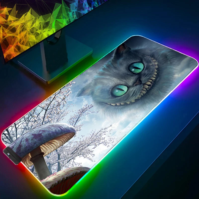 RGB LED Mouse Pad Cheshire Cat Large Laptop Keyboard Cushion cartoon Anime Girl Style Anti Slip Mouse Pad Alice In Wonderland