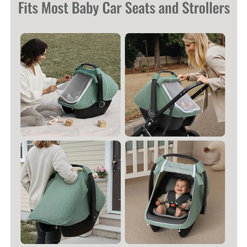 Baby Car Seat Cover Breathable Muslin Cotton with Mesh Window Infant Car Seat Canopy Baby Carrier Cover Stroller Sun Shade