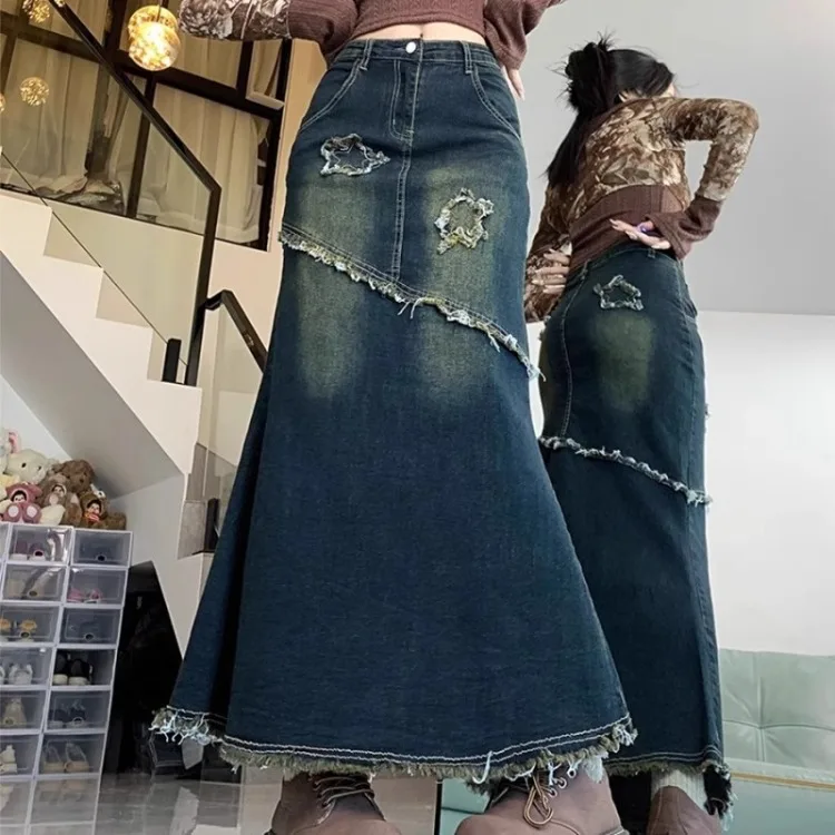 

Fashion Vintage Blue Denim Skirt for Women Y2k Grunge High Waist A-line Jeans Skirts 2024 Summer New Mid-length Faldas Mujer