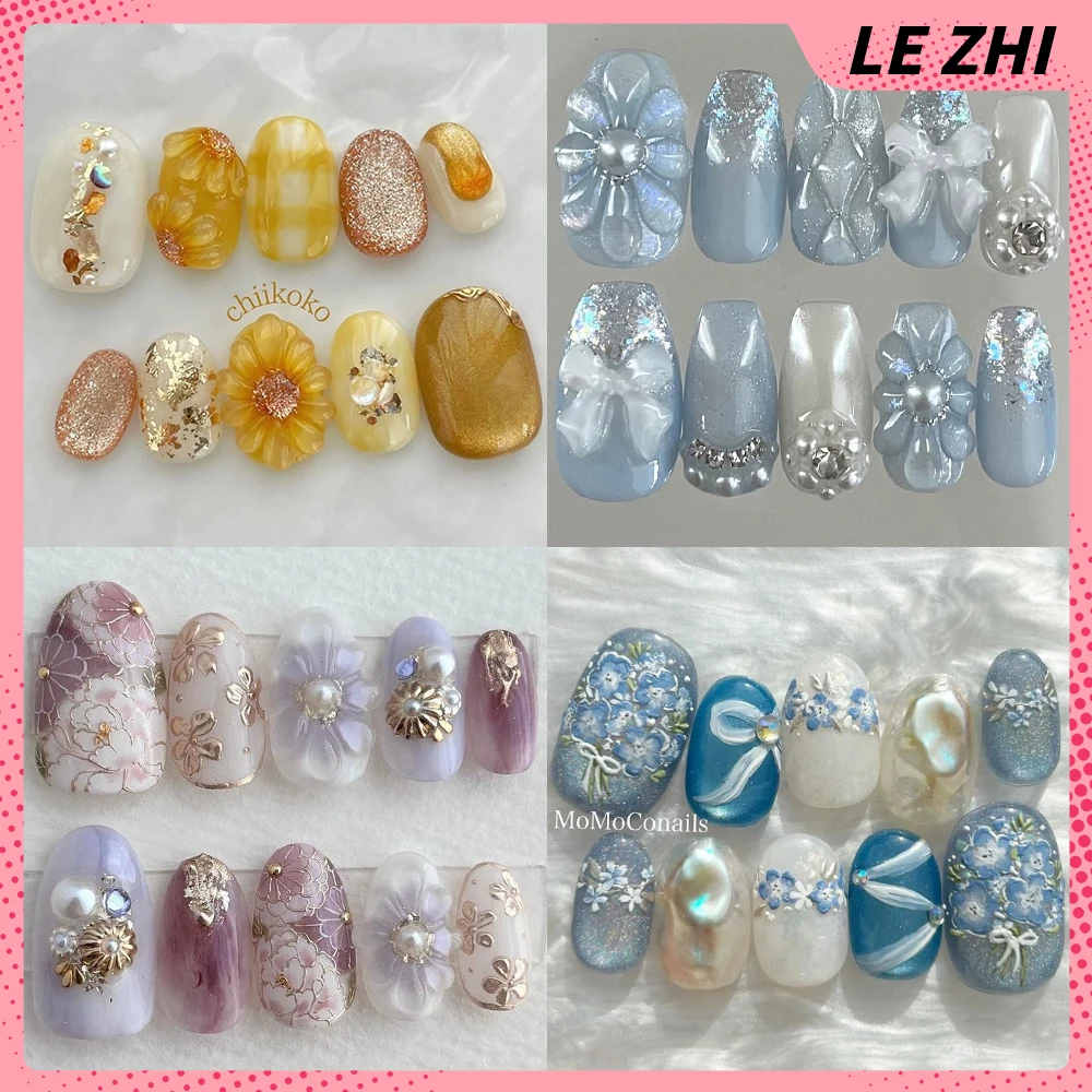 

10Pcs High Quality 3D Flowers Handmade Full Cover Nails Light Luxury Pearl Bowknot Diamond Sequins Wearable Press On Nails