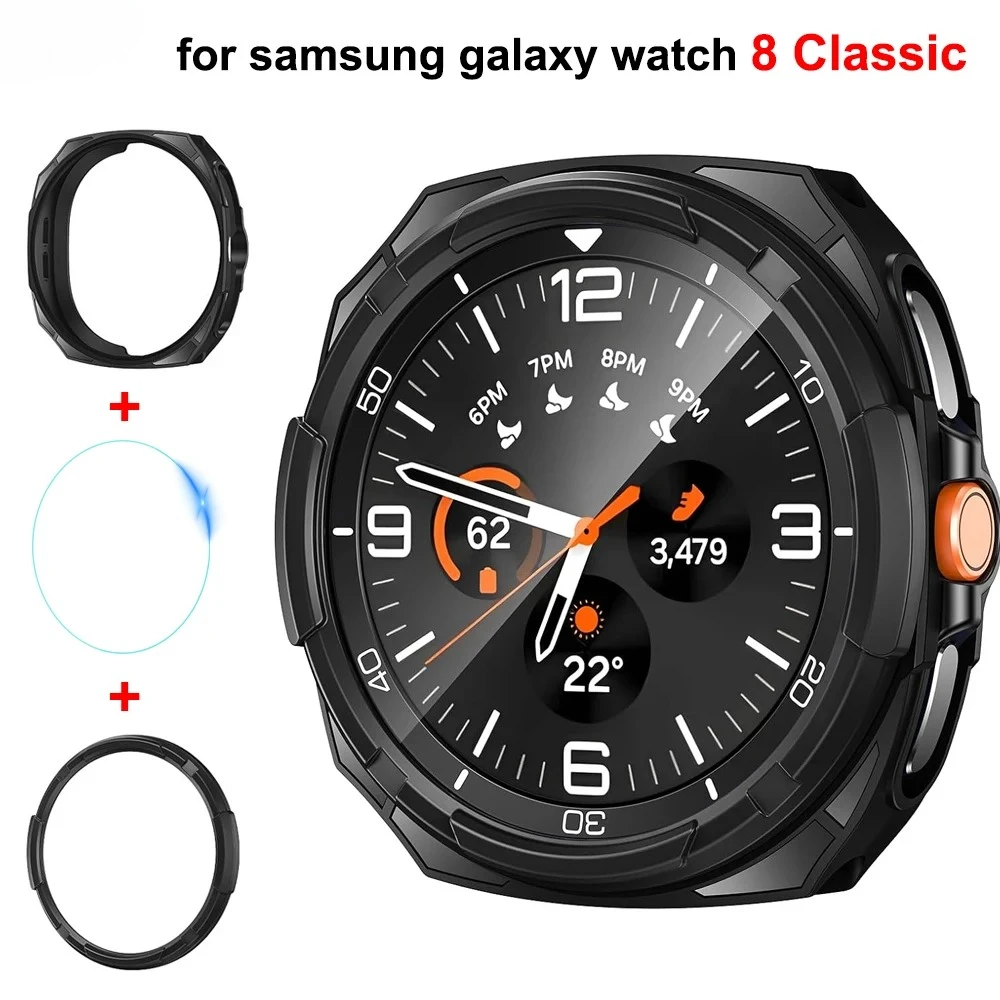 Чехол 3 в 1 + закаленное стекло + кольцо-рамка для Samsung Galaxy Watch 8 Classic 46 мм, защитный бампер из ТПУ, часы 8 классических аксессуаров
