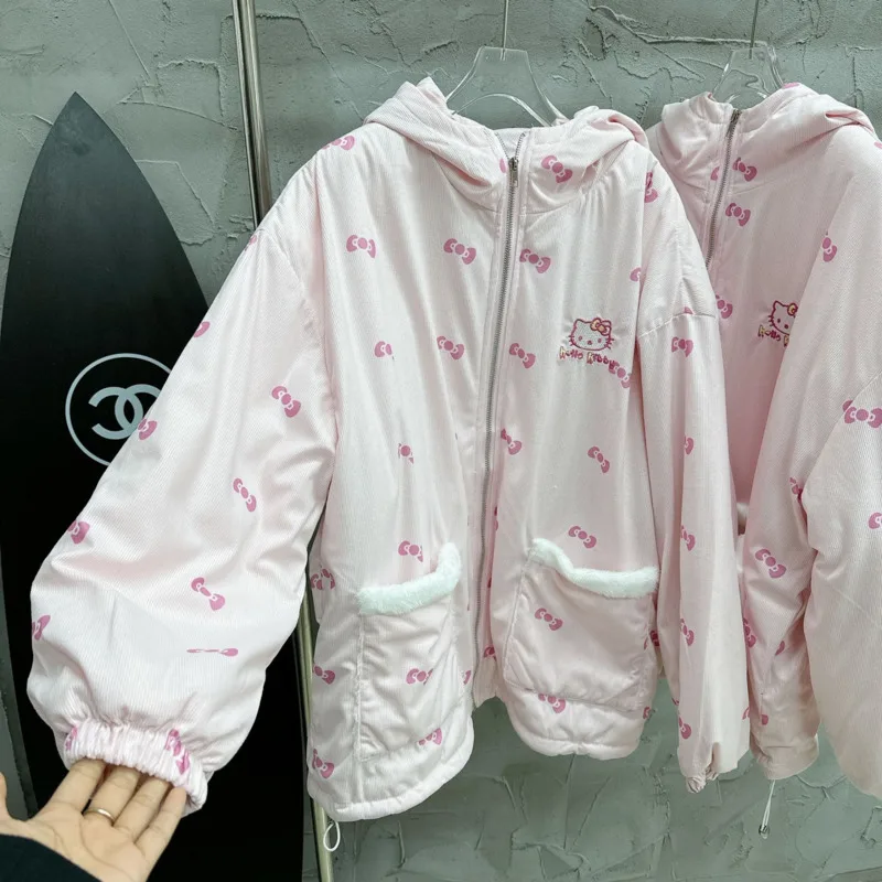 Sanrio Hello Kitty Korean Version Sweet Cute Cotton Coat Winter New Bow Print Casual Versatile Thick Jacket Fashion Niche Coat