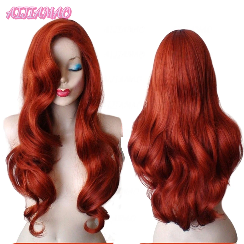 Jessica Rabbit-peluca ondulada de pelo largo y rojo de cobre, disfraz de Cosplay resistente al calor de La Sirenita, princesa Ariel, gorro de peluca