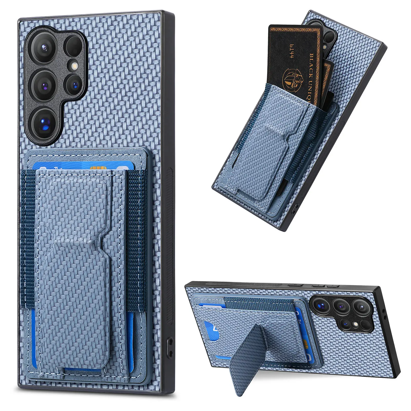 Foldable Kickstand Cards Solt Wallet Carbon Fibre Case For Samsung Galaxy S24 Ultra S23 S22 Plus S21 FE A15 A55 A35 Vertical Bag