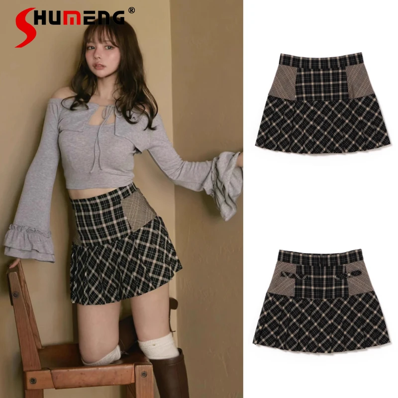 

Japanese Rojita Sweet Cool Design High Waist Mini Skirts Versatile Plaid Patchwork A-line Pleated Short Skirt Women's Clothing