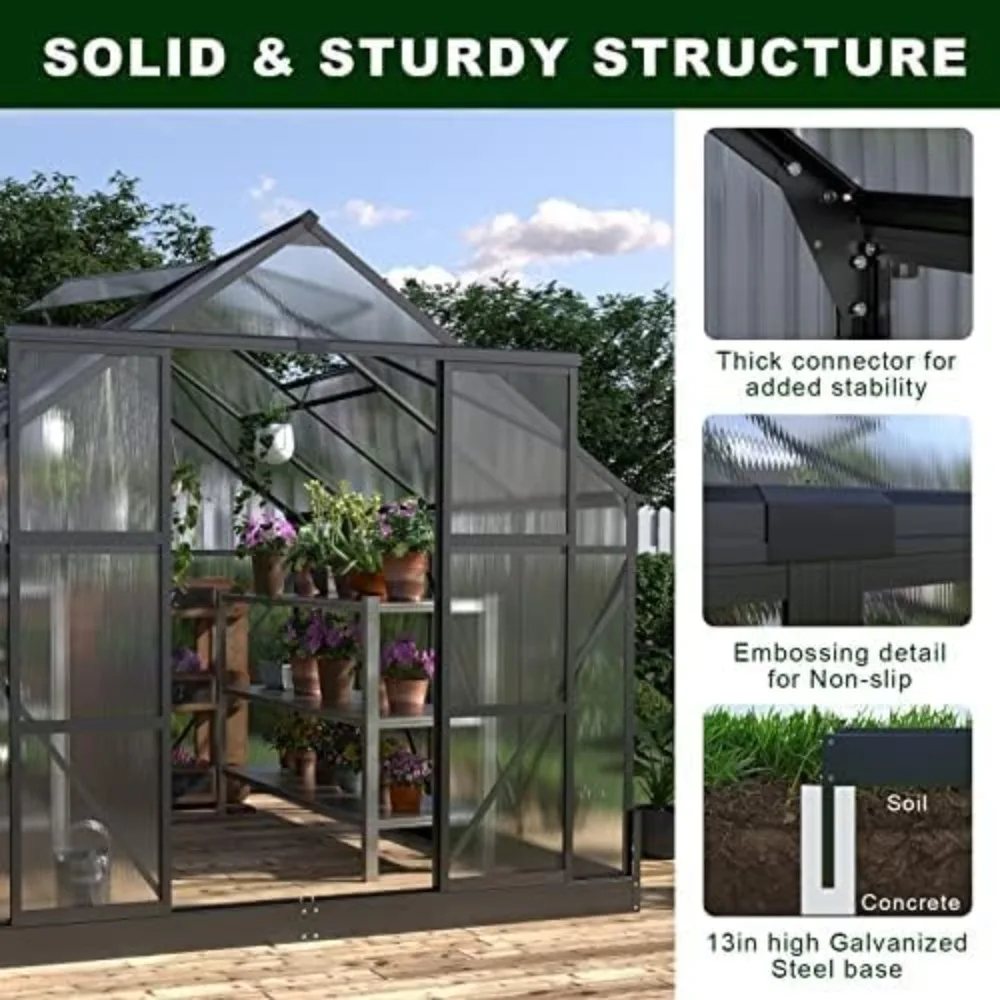 8x10x7.5 FT Polycarbonate Greenhouse Walk-in Premium Greenhouse Storage Shed Outdoor Aluminum Large Hot House