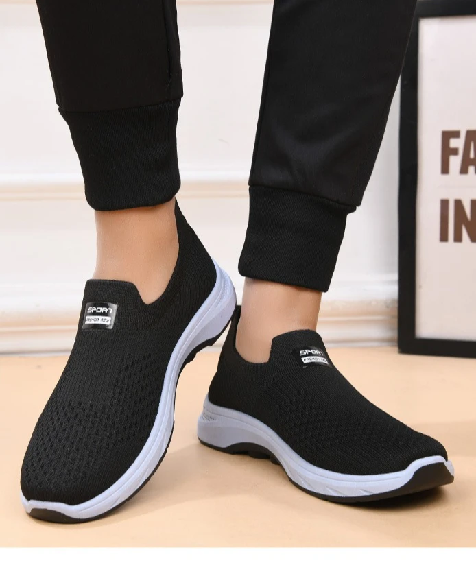 Herren-Strick-Slipper, atmungsaktives, fliegendes Gewebe-Obermaterial, dicke, rutschfeste Sohle, bequeme Freizeitschuhe zum Gehen – Detail 17