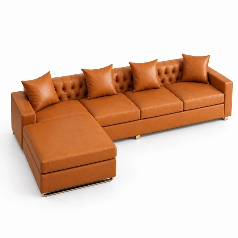 Modern L-shaped leather combination sofa set with tufted backrest and lounge chair