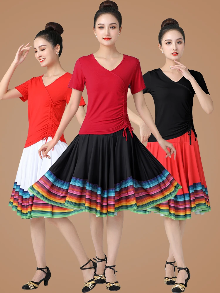 square-dance-costume-new-stage-practice-suit-drawstring-short-sleeve-top-short-skirt-sports-set-dancing-performance-clothes