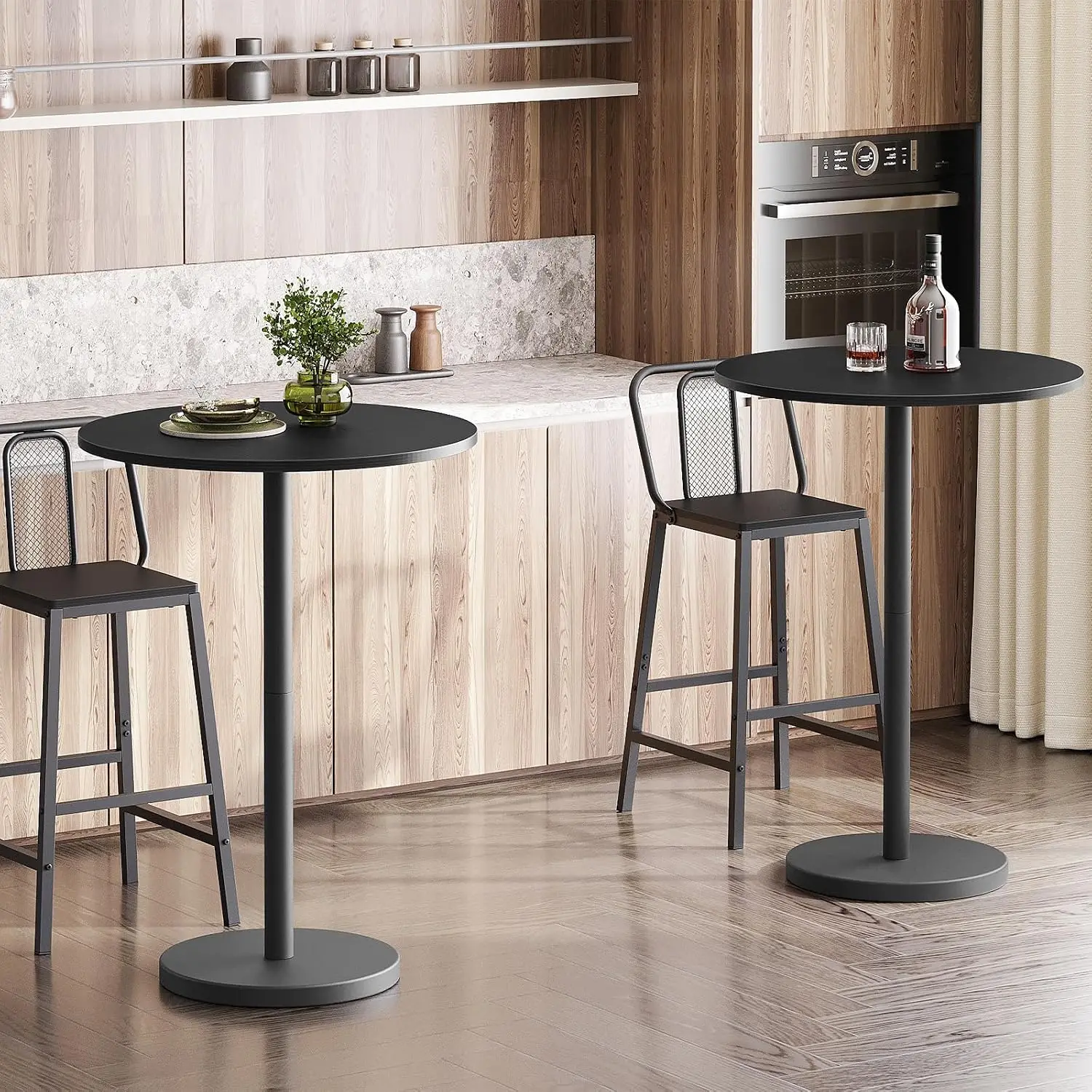 Bar Table, Round Set of 2, Counter Height, Pub Cocktail, Metal Frame, for Bistro, Dining Room, Living, Terrace, Black BT05L2BB