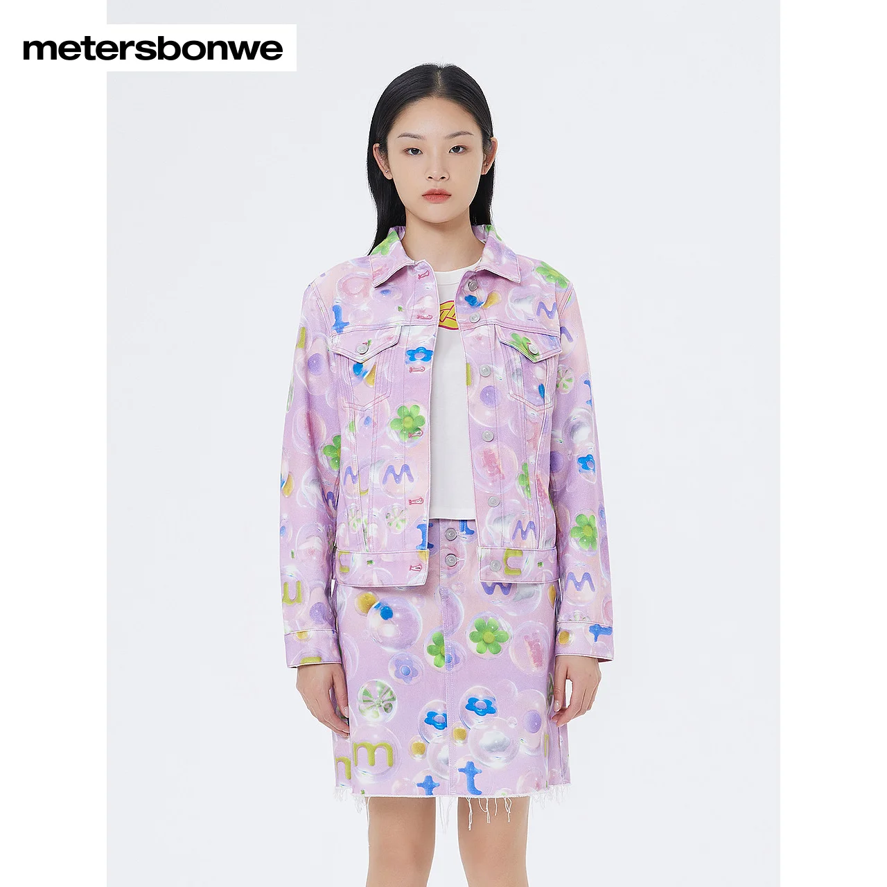 Metersbonwe Denim Jacket Women Summer New Fashionable Full Printed Jacket Regular Ladies Cotton Fashionable Jacket Brand Tops