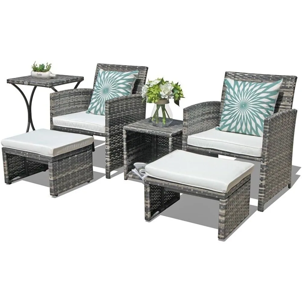 

6 Piece Patio Furniture Conversation Set with Ottoman, Outdoor Grey Wicker Chair and Table Set, Balcony Furniture for Apartments