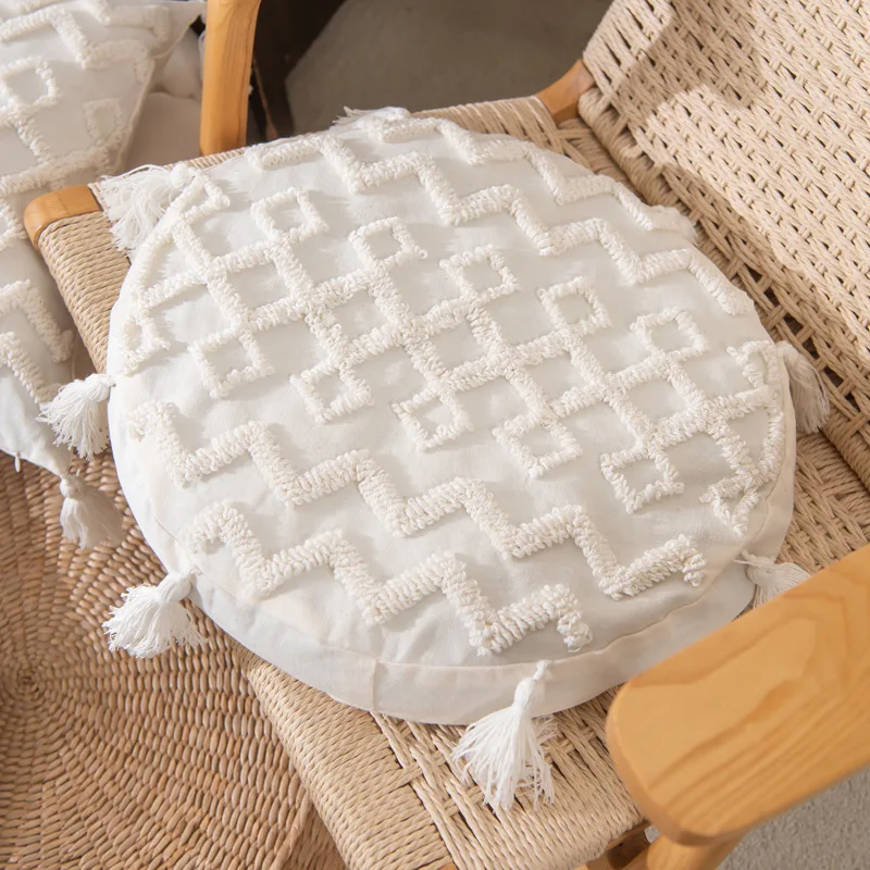 

White Square Round Loop Tufted Fringed Cushion Cover Simple Plaid Wave Wabi-sabi Pillow Covers Decorative Home Decor Pillowslip