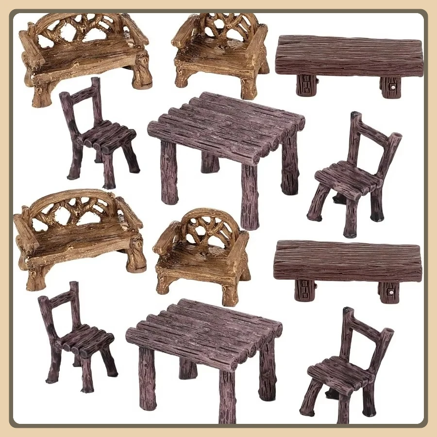 مجموعة المناظر الطبيعية الصغيرة العتيقة، كرسي مقعد من الراتنج مكون من 12 قطعة لملحقات بيت الدمى