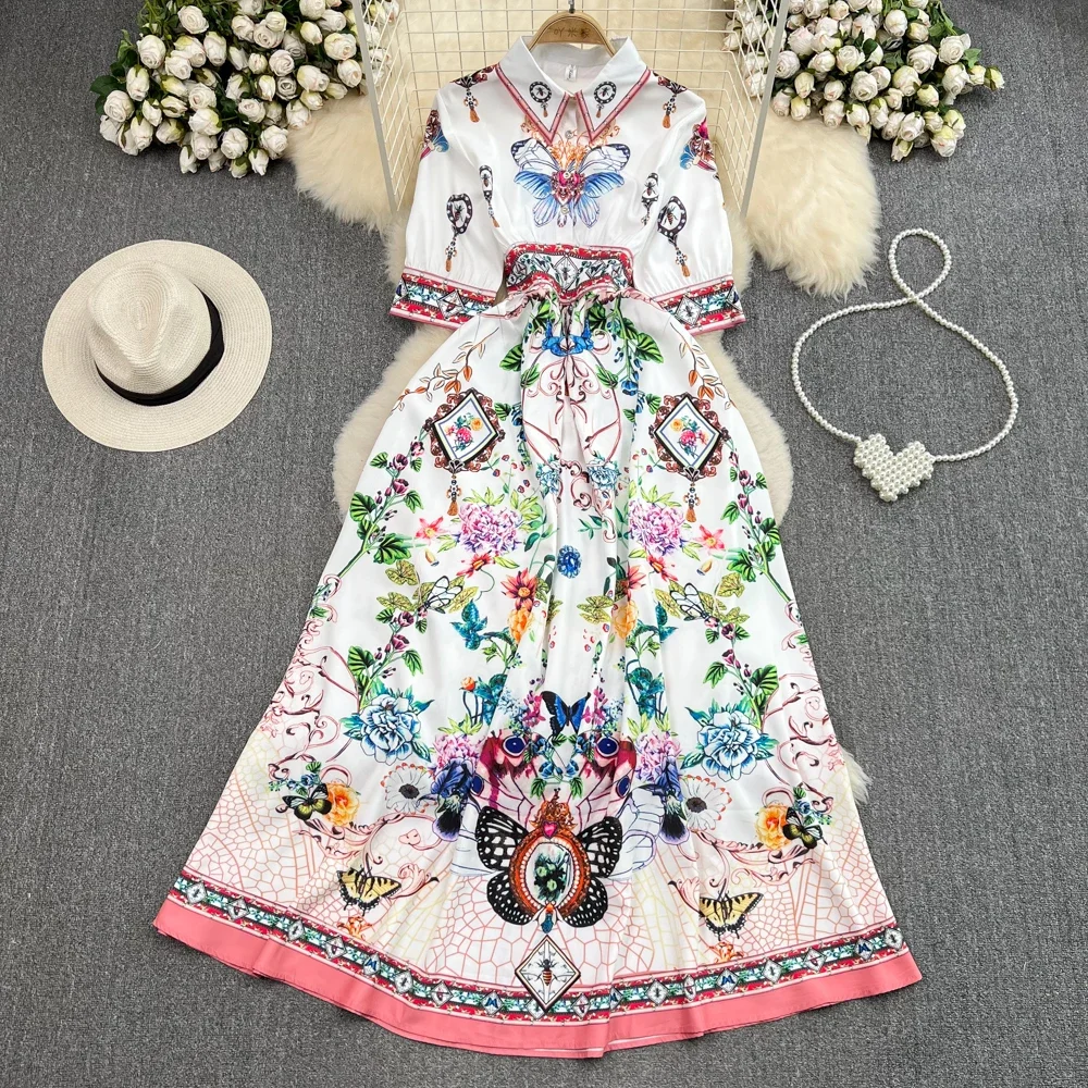 

TIFICY Runway Spring Summer Flower Print Dress Women Lapel Collar Half Sleeve High Waist Vacation Party Elegant Long Vestidos