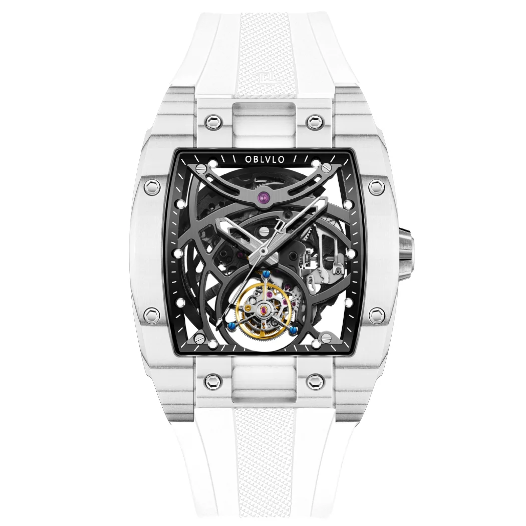 Oblvlo Tourbillon เคสคาร์บอนไฟเบอร์เรืองแสงทรงถังไวน์แบบนาฬิกาข้อมือผู้ชาย EM-RT Tali Jam Tangan karet