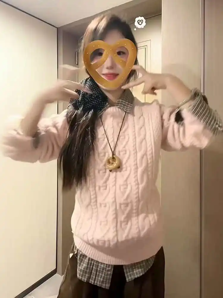 

Свободный круглый свитер Ne Twisted, женский клетчатый свитер в Корейском стиле, осенне-зимний комплект Faion, повседневный универсальный размер, полиэстер