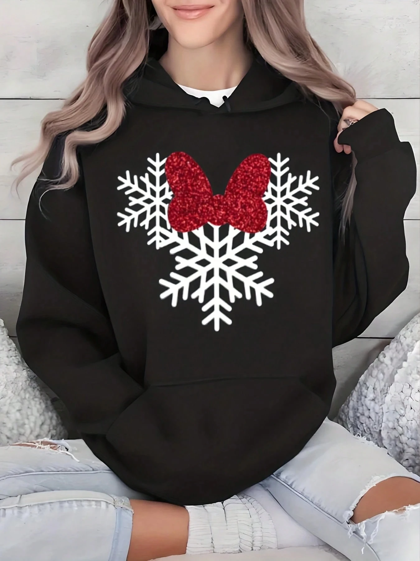 

Женская толстовка с капюшоном Disney Minnie Snowflake — унисекс, осенне-зимняя флисовая толстовка с капюшоном для повседневной носки на открытом воздухе для любого случая